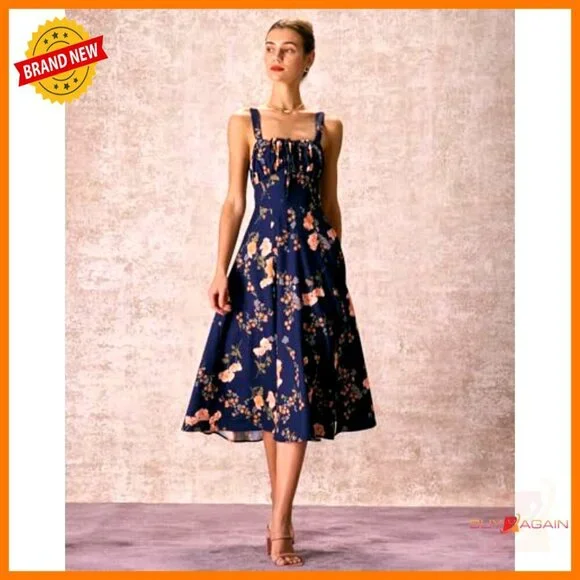 Vintage Square Neck Floral Dress Adjustable Bust A-Line Summer Short Sleeve - Picture 7 of 7